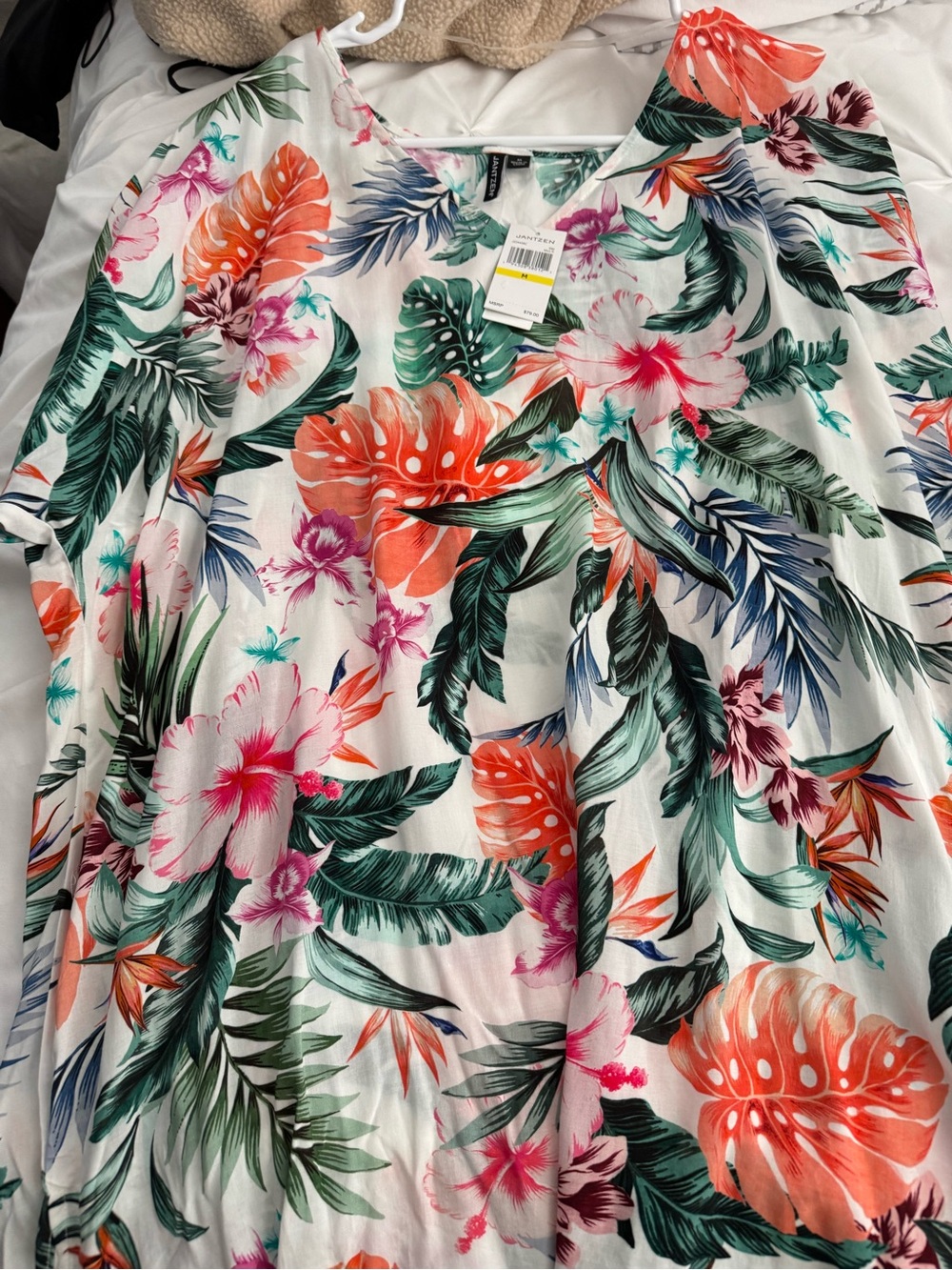 Jantzen Tropical Floral Swim Coverup in White, Green, Orange, Pink